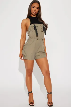 All On Me Utility Romper - Olive/combo