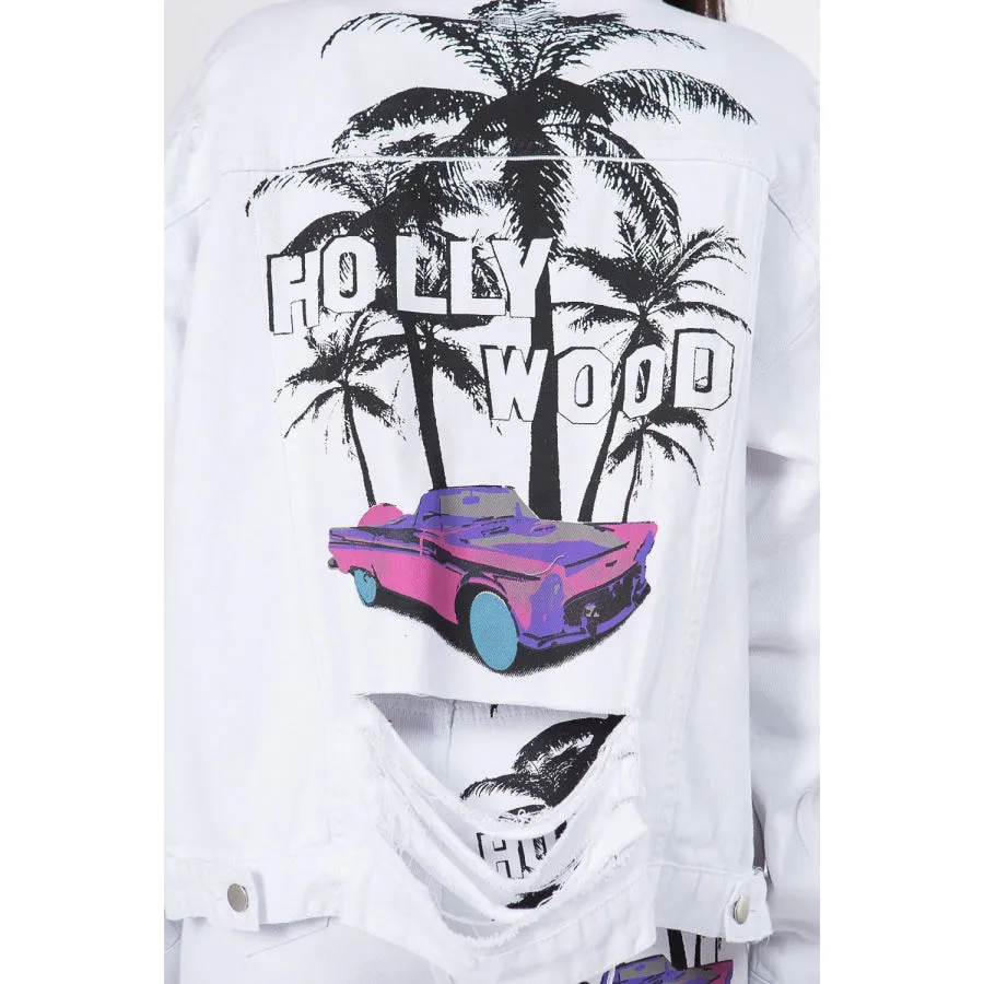 American Bazi Graphic Distressed Long Sleeve Denim Jacket