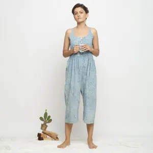 Blue Dabu Print Natural Dyed Cotton Midi Jumpsuit