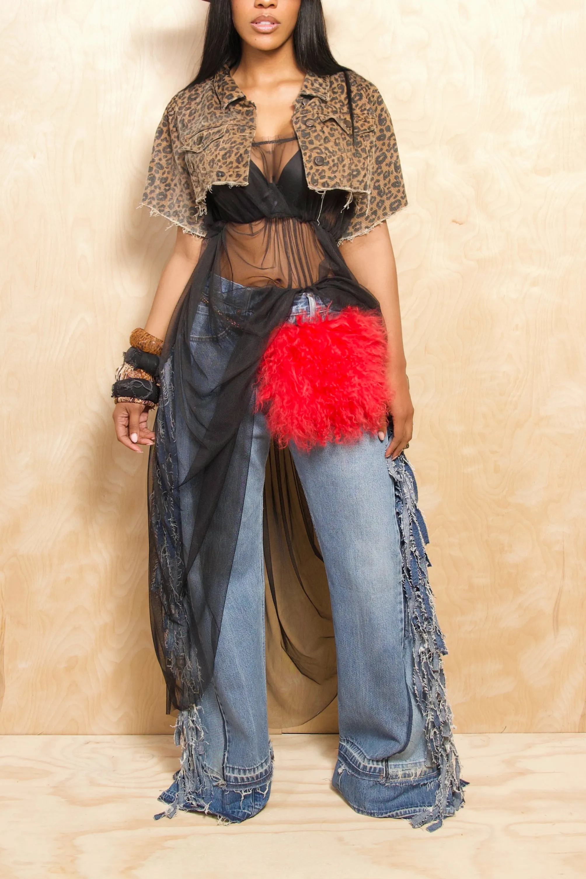 Brown Cheetah Crop jean jacket (S)