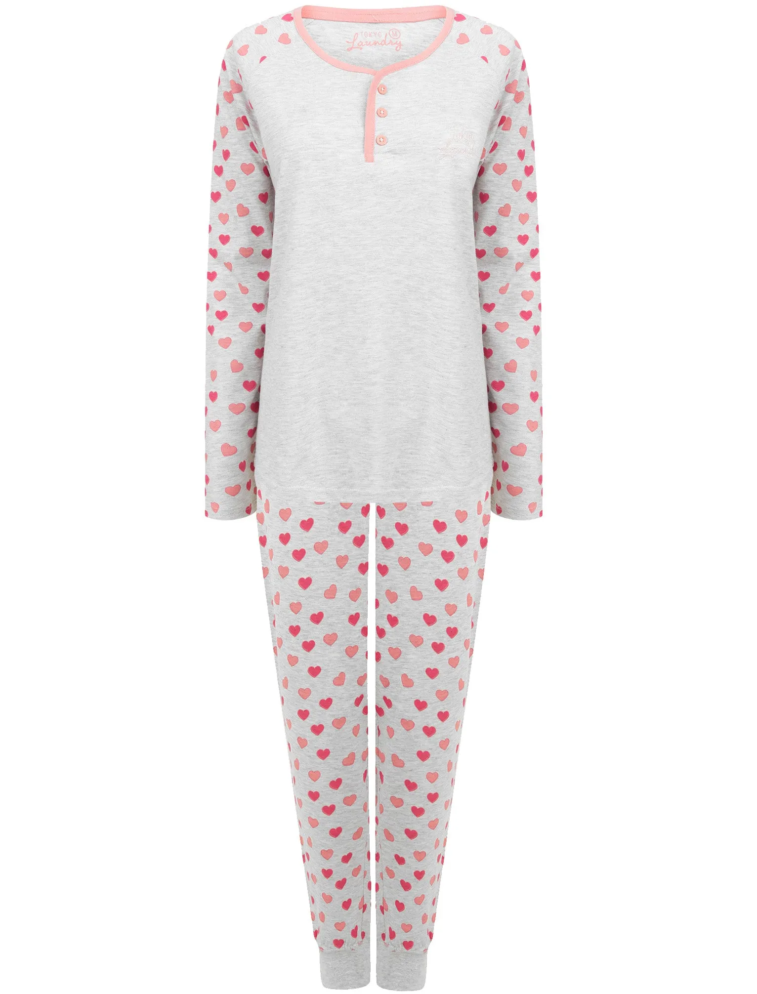 Cherish Love Heart Sweet Print 2pc Cotton Lounge Set in Light Grey Marl - Tokyo Laundry