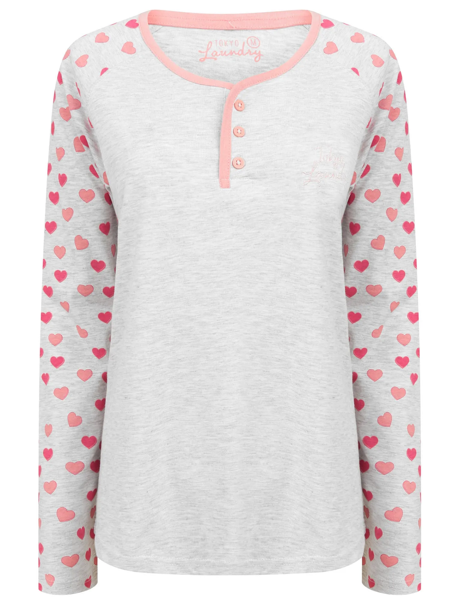 Cherish Love Heart Sweet Print 2pc Cotton Lounge Set in Light Grey Marl - Tokyo Laundry