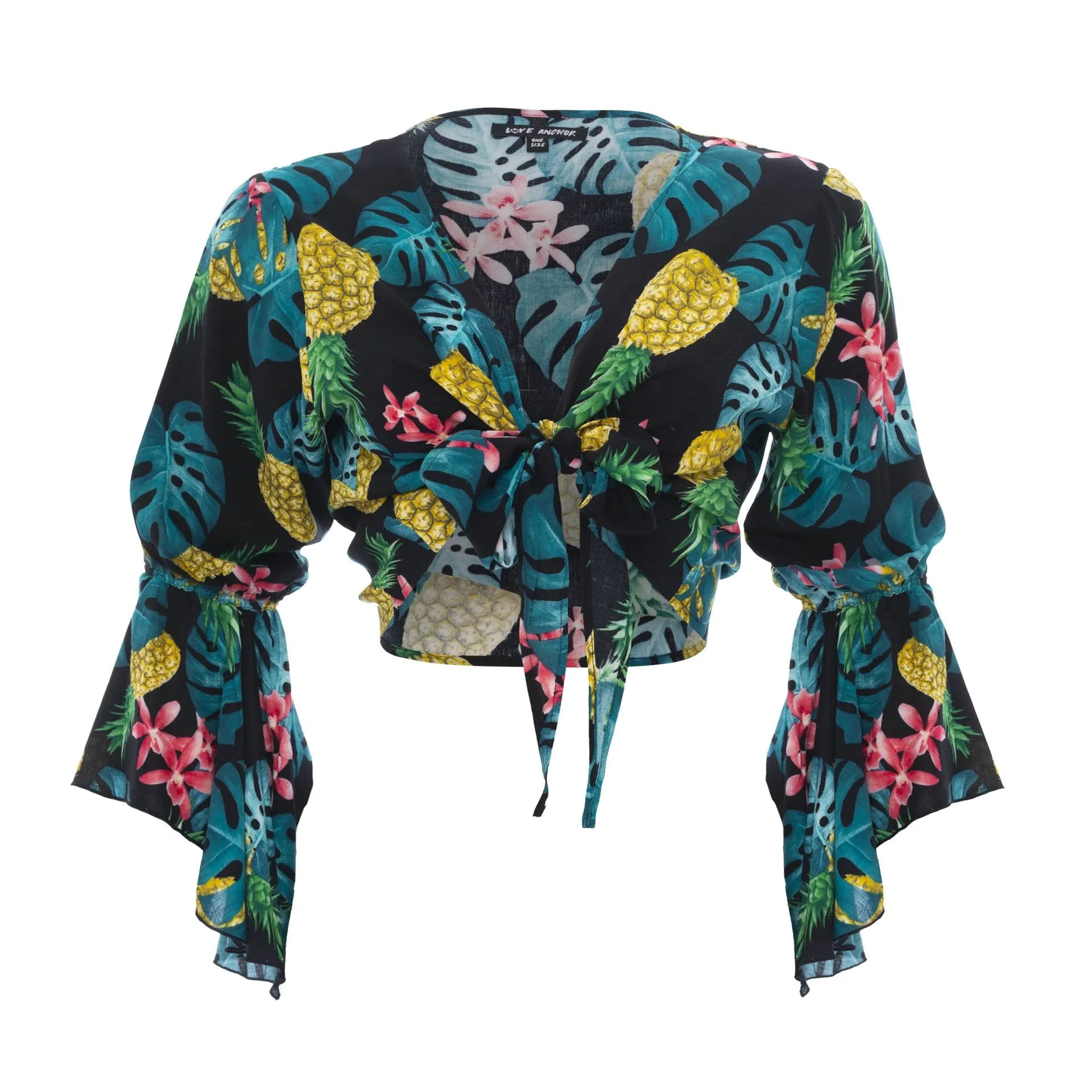 Cropped Gypsy, Tropical, Long Flounce Sleeve Top, Wholesale