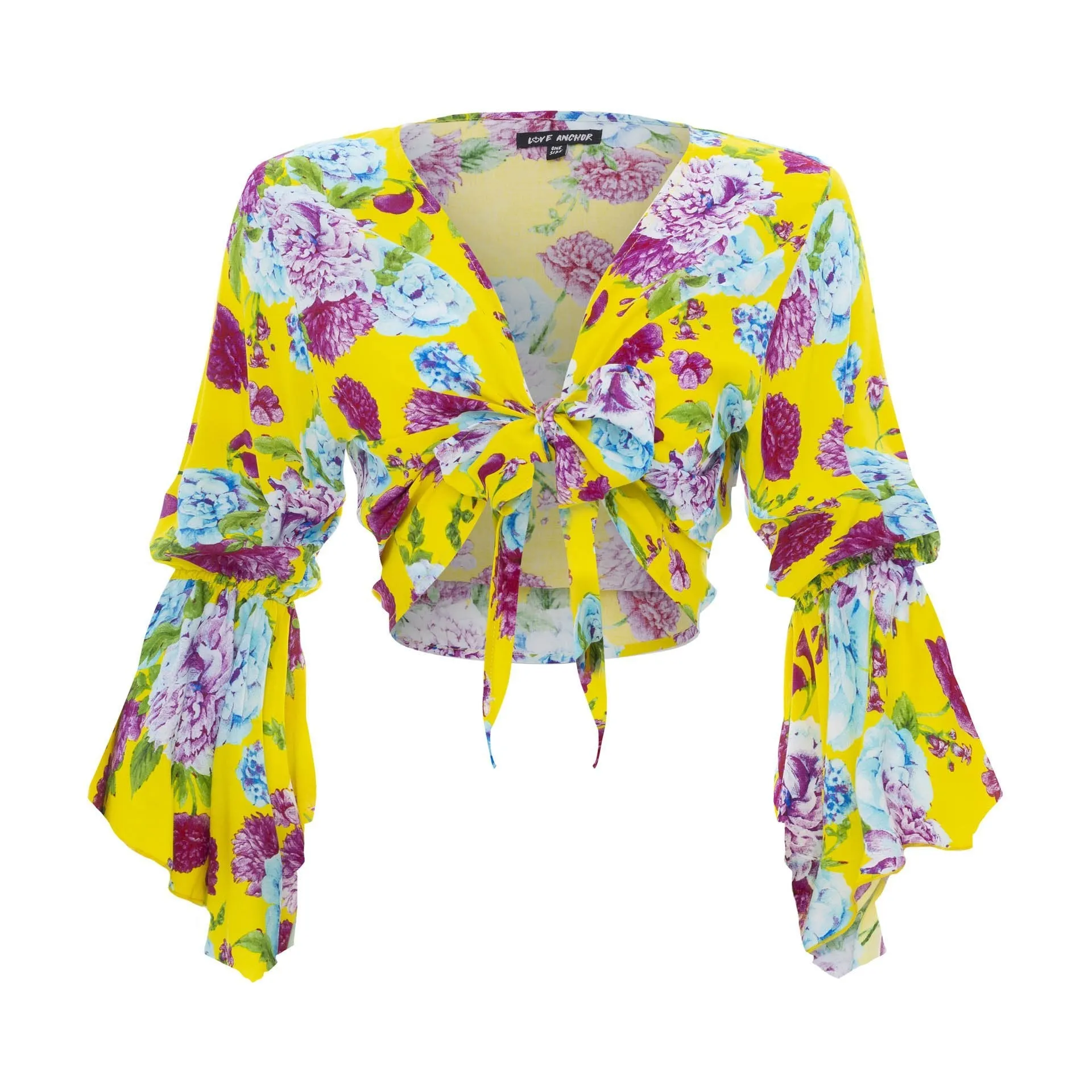 Cropped Gypsy, Tropical, Long Flounce Sleeve Top, Wholesale