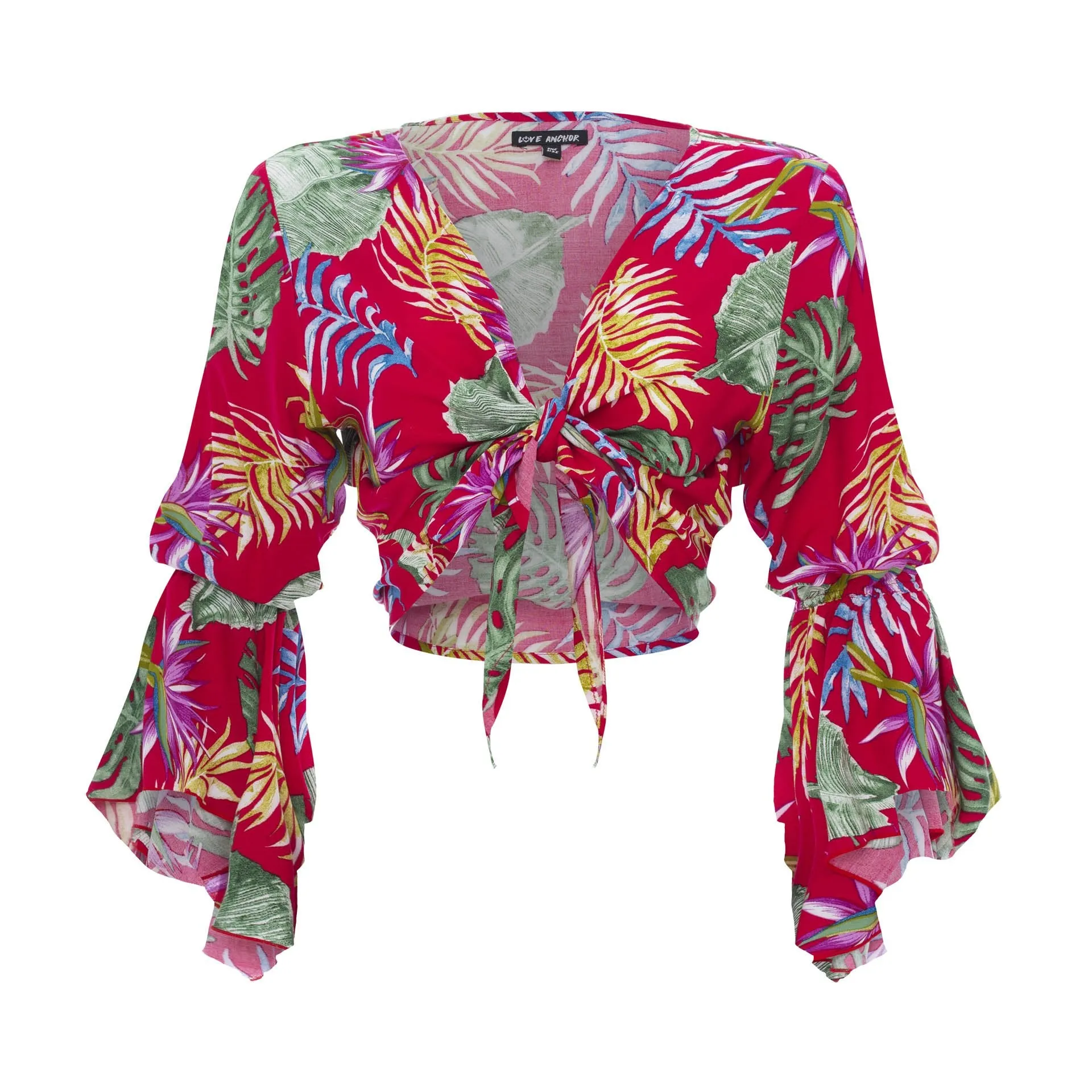 Cropped Gypsy, Tropical, Long Flounce Sleeve Top, Wholesale