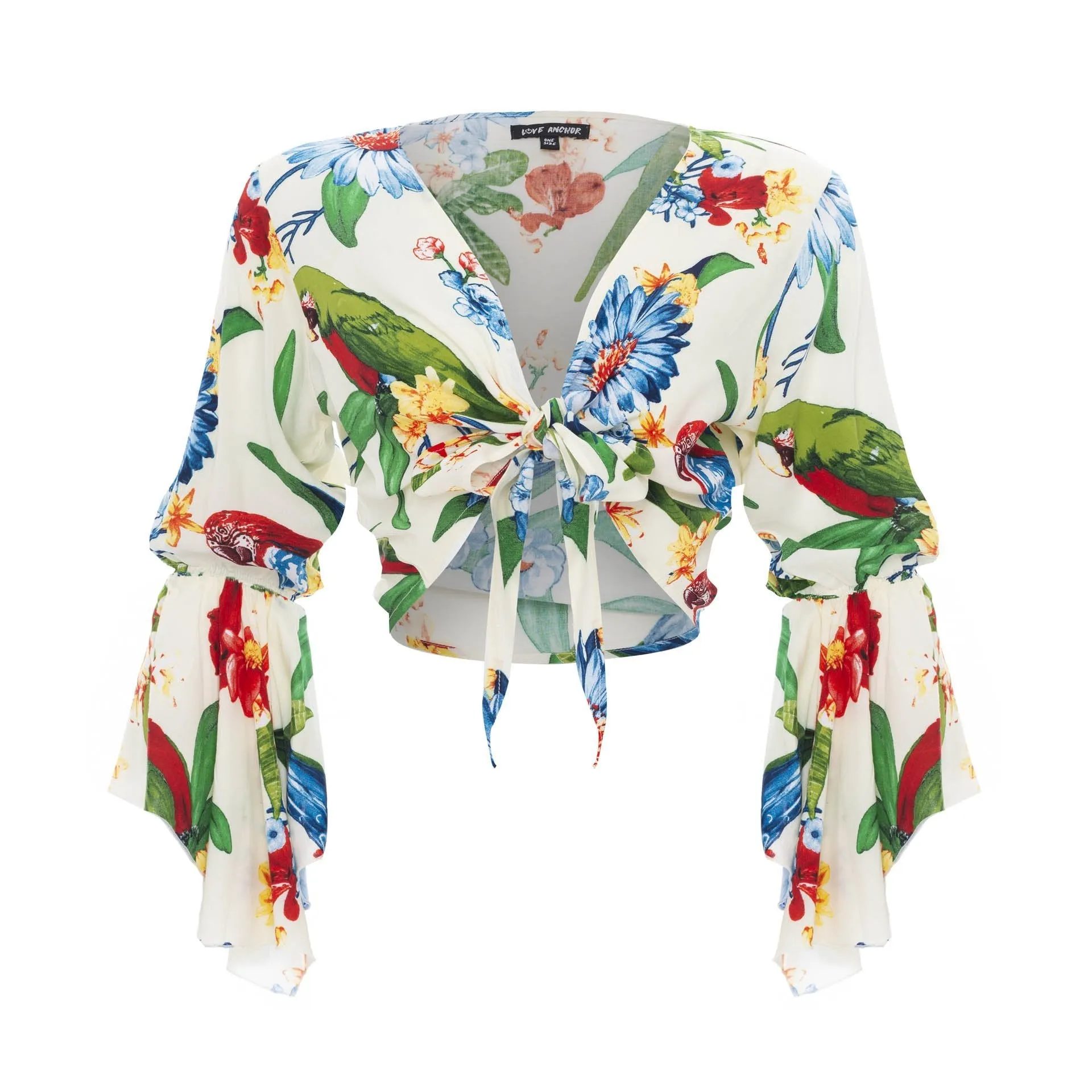 Cropped Gypsy, Tropical, Long Flounce Sleeve Top, Wholesale