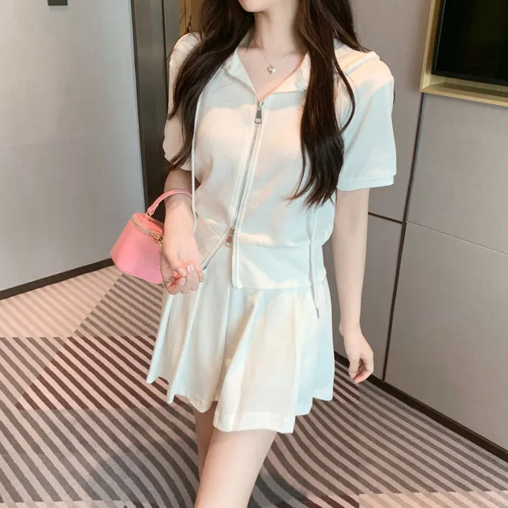 Drawstring Hooded Zip Top Pleated Skirt Set
