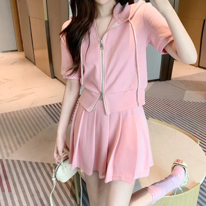 Drawstring Hooded Zip Top Pleated Skirt Set