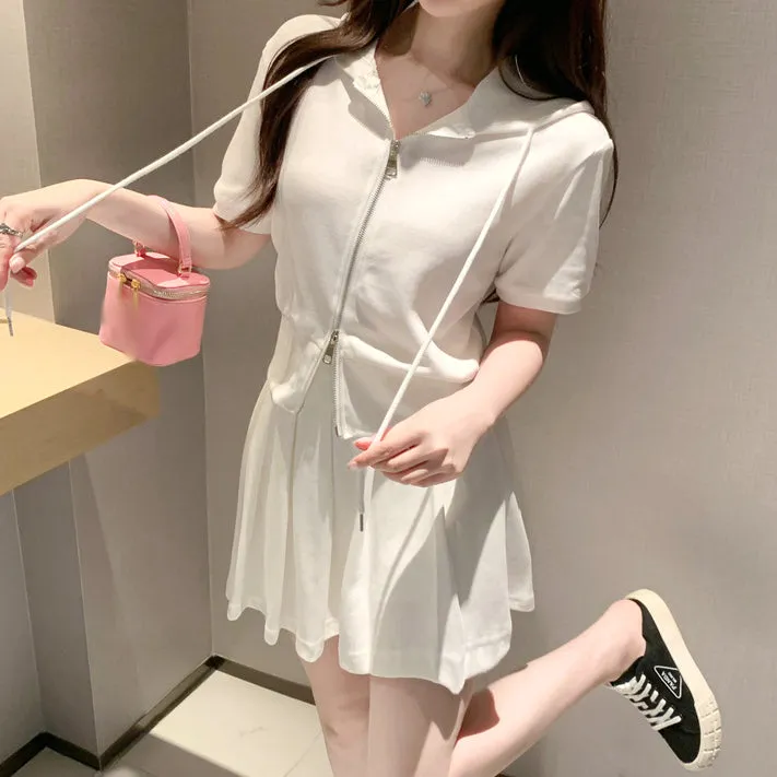 Drawstring Hooded Zip Top Pleated Skirt Set