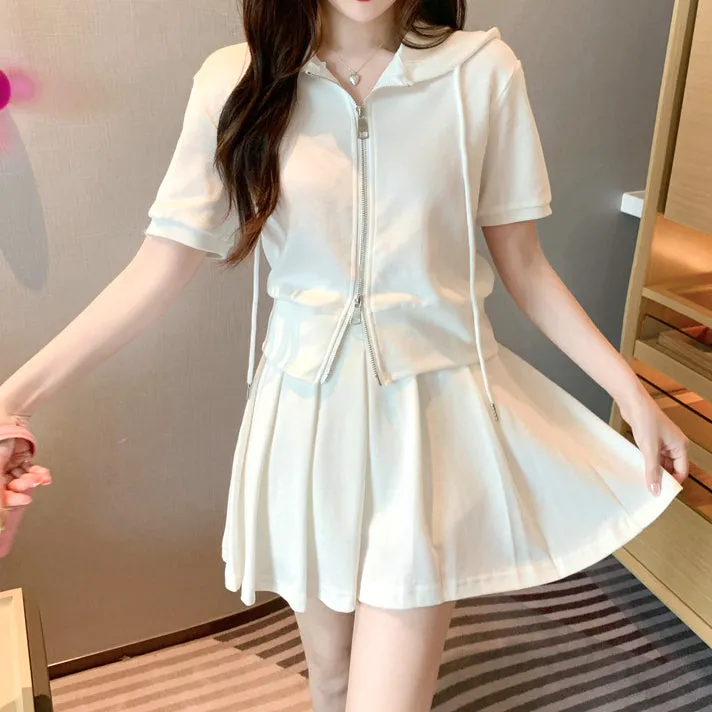 Drawstring Hooded Zip Top Pleated Skirt Set