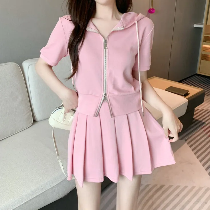 Drawstring Hooded Zip Top Pleated Skirt Set