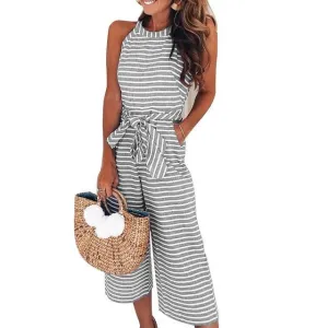 Elegant Sexy Jumpsuits Women Sleeveless Striped Jumpsuit Loose Trousers Wide Leg Pants Rompers Holiday Belted Leotard Overalls (US 6-16)