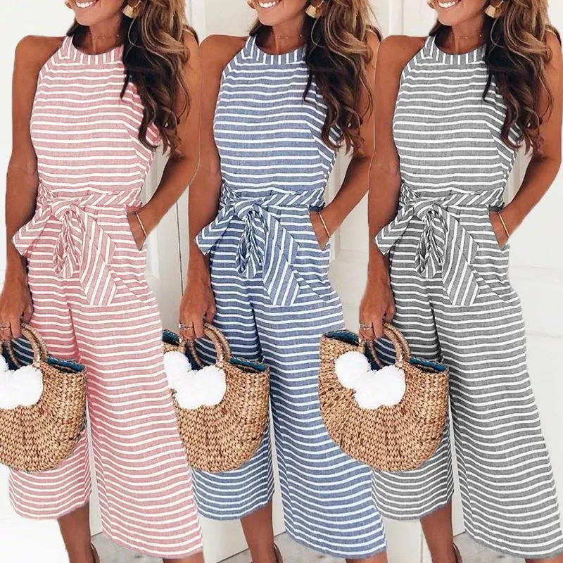 Elegant Sexy Jumpsuits Women Sleeveless Striped Jumpsuit Loose Trousers Wide Leg Pants Rompers Holiday Belted Leotard Overalls (US 6-16)
