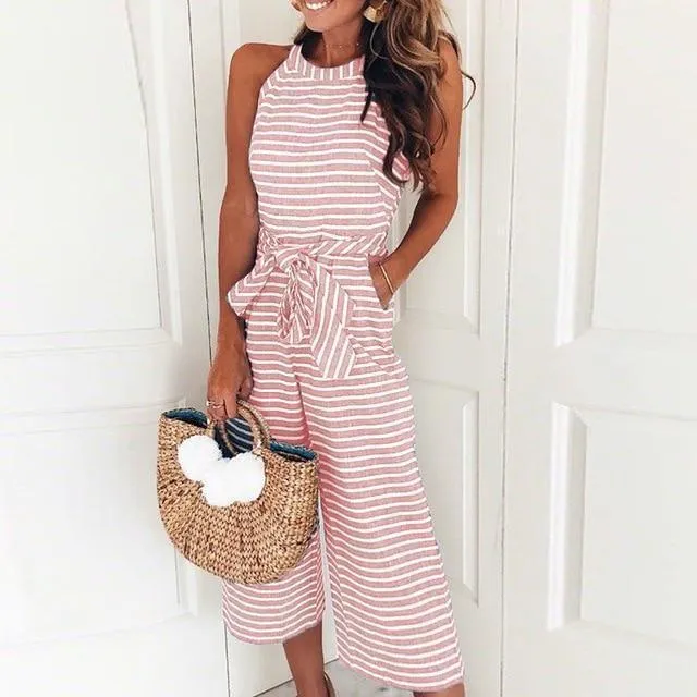 Elegant Sexy Jumpsuits Women Sleeveless Striped Jumpsuit Loose Trousers Wide Leg Pants Rompers Holiday Belted Leotard Overalls (US 6-16)