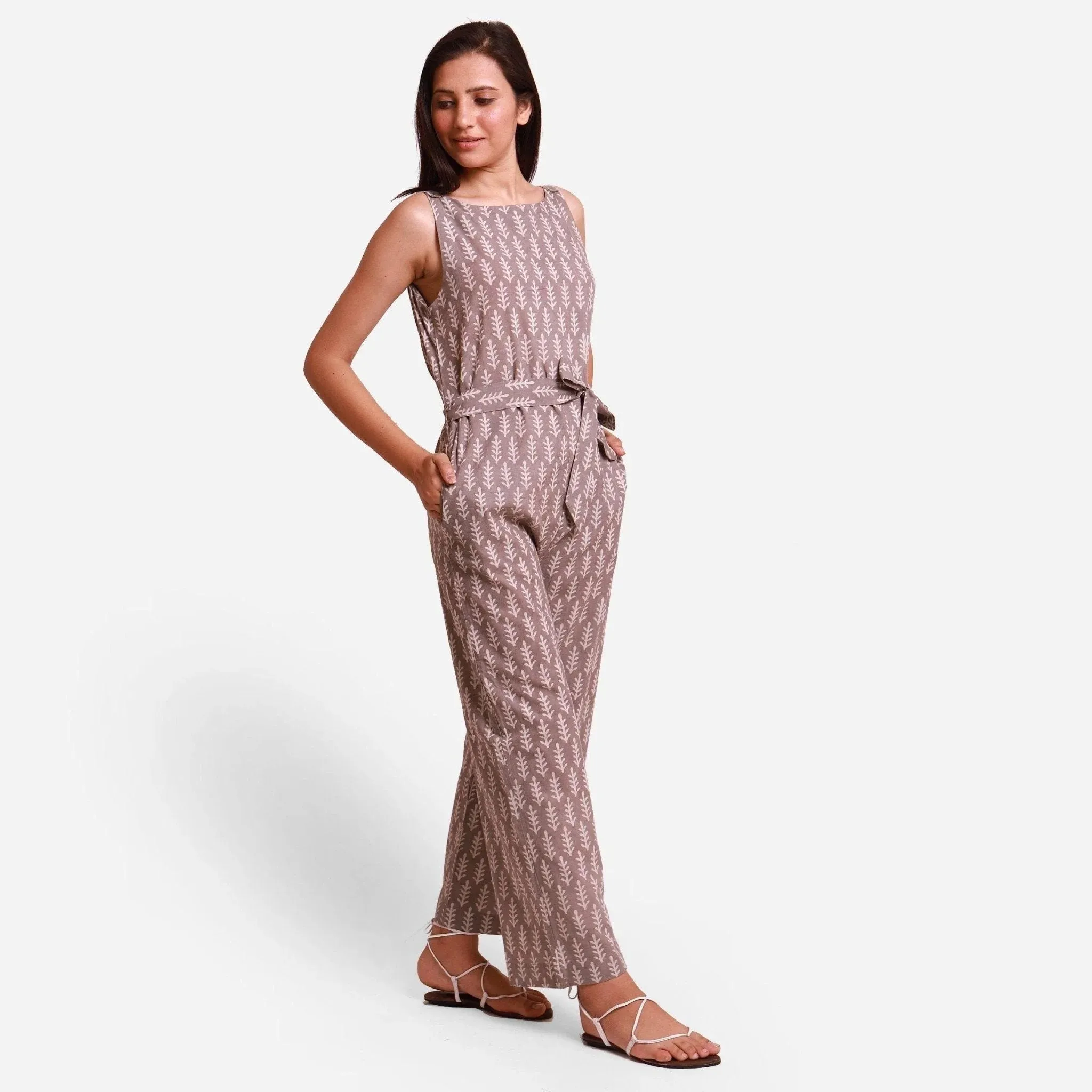 Grey Dabu Block Printed Ankle Length Cotton Jumpsuit