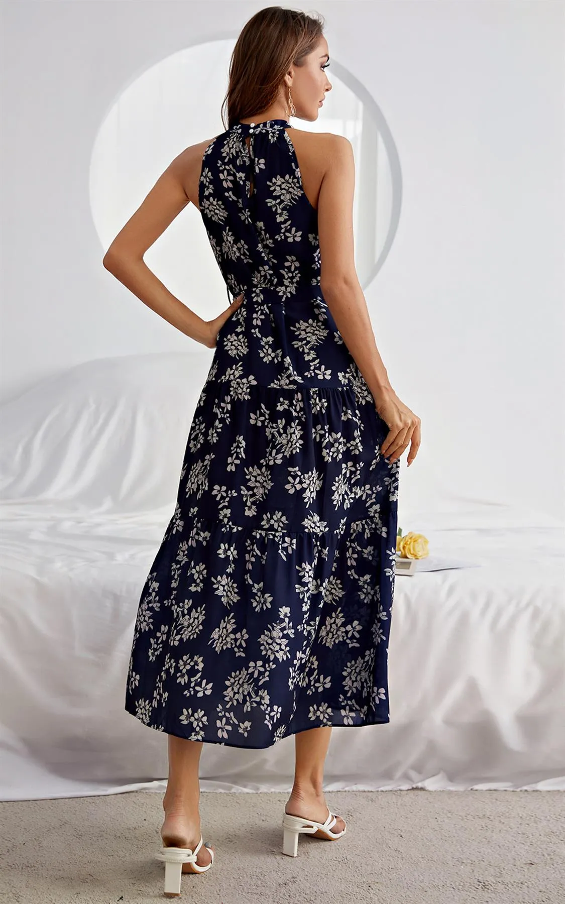 Halter Neck Midi Layer Dress In Navy & White Flora Print