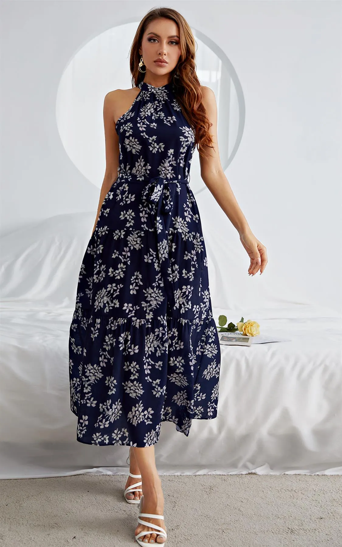 Halter Neck Midi Layer Dress In Navy & White Flora Print