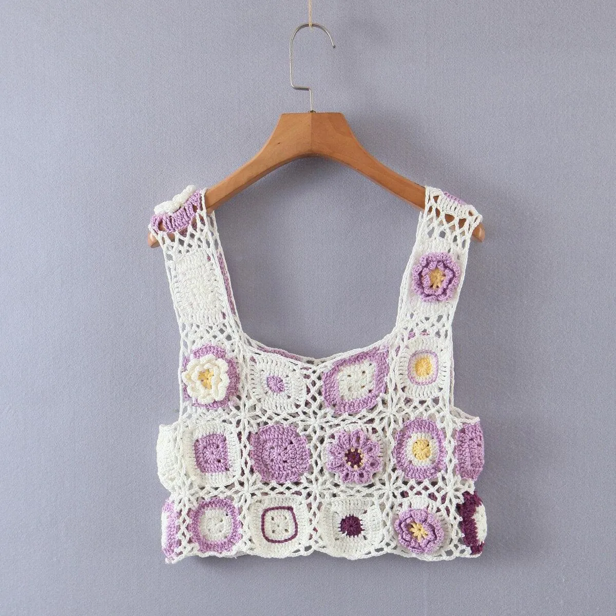 Handmade Hollow Out Crochet Plaid 3D Flower Tanks Cropped Top