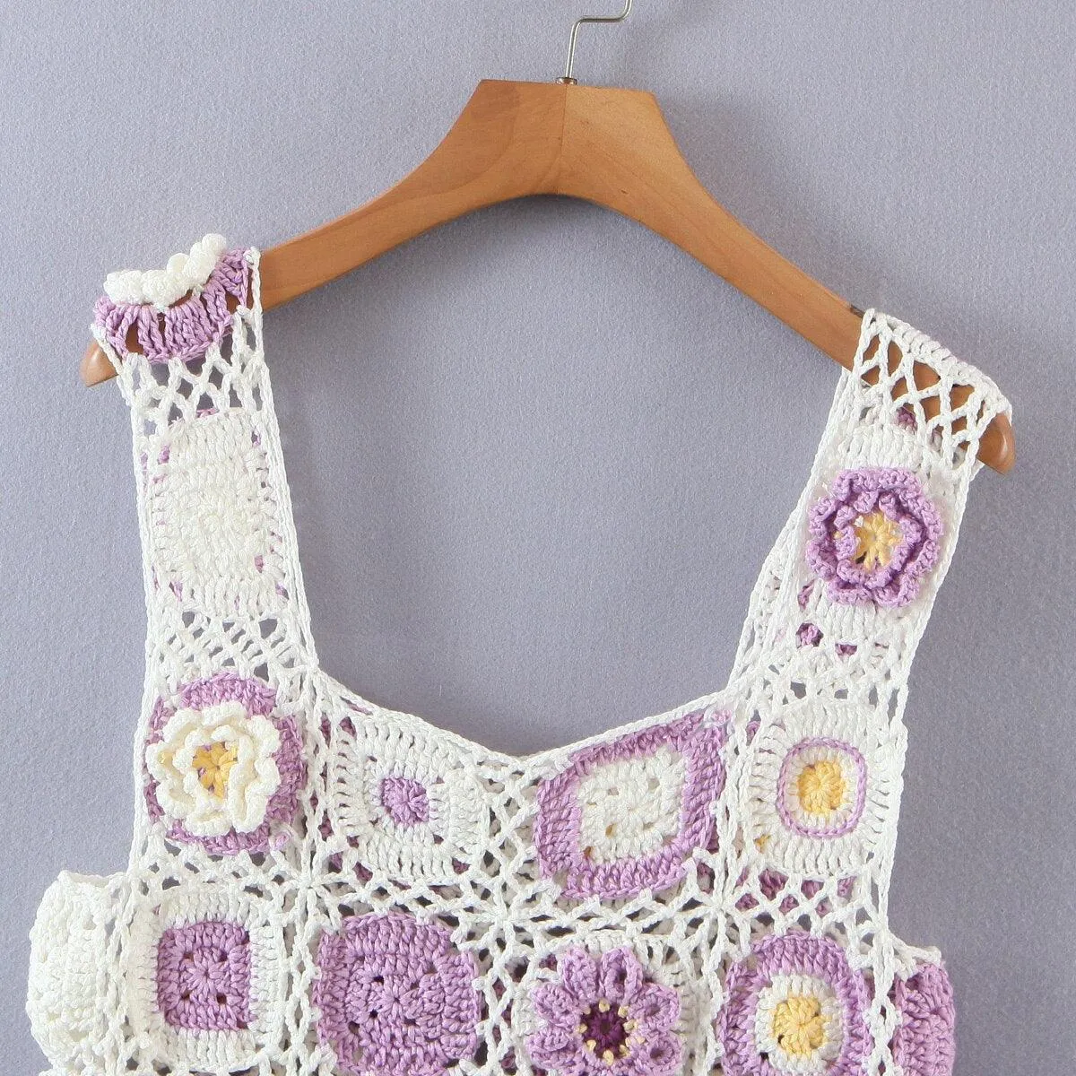 Handmade Hollow Out Crochet Plaid 3D Flower Tanks Cropped Top