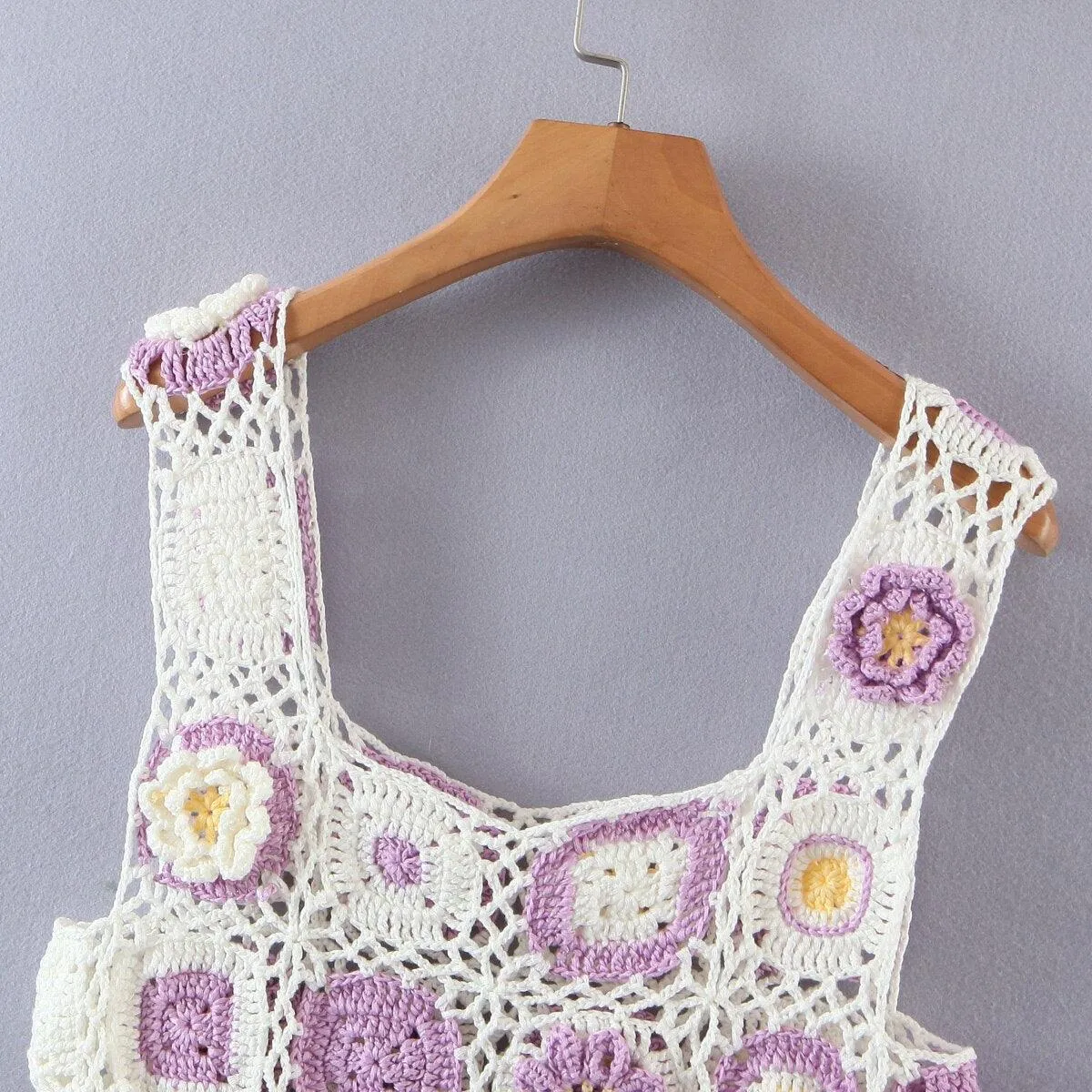 Handmade Hollow Out Crochet Plaid 3D Flower Tanks Cropped Top
