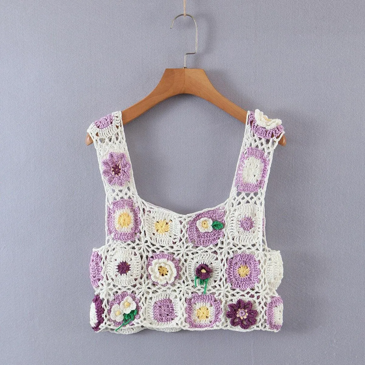 Handmade Hollow Out Crochet Plaid 3D Flower Tanks Cropped Top