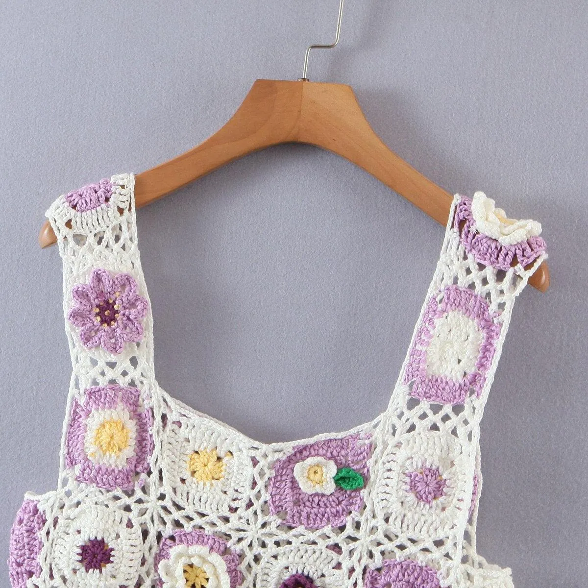 Handmade Hollow Out Crochet Plaid 3D Flower Tanks Cropped Top