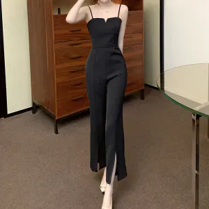 High Waist Straight Slit Slim Suspender Jumpsuit