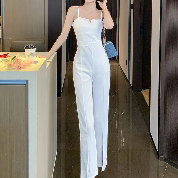 High Waist Straight Slit Slim Suspender Jumpsuit