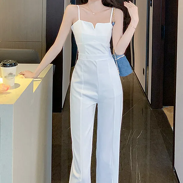 High Waist Straight Slit Slim Suspender Jumpsuit