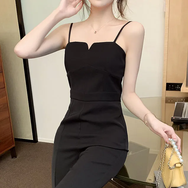 High Waist Straight Slit Slim Suspender Jumpsuit