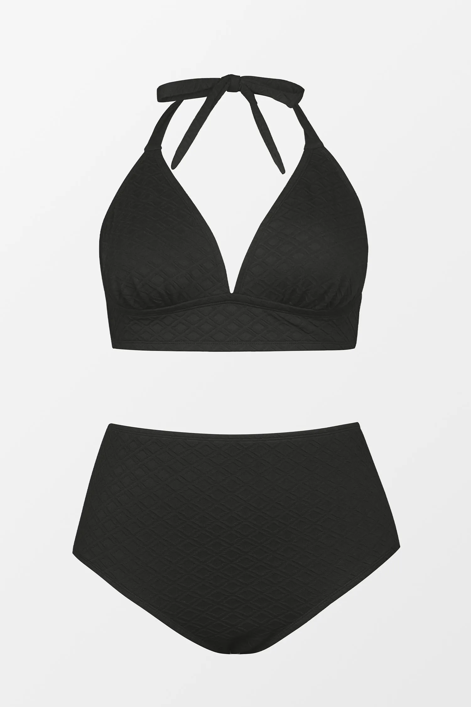 Jacquard Halter Triangle & Retro High Waist Bikini Set