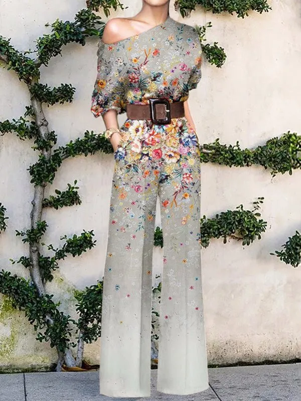 Jumpsuits Printed Sloping Shoulder Wide-Leg Jumpsuit for Women