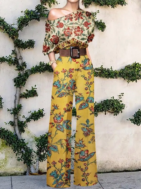 Jumpsuits Printed Sloping Shoulder Wide-Leg Jumpsuit for Women