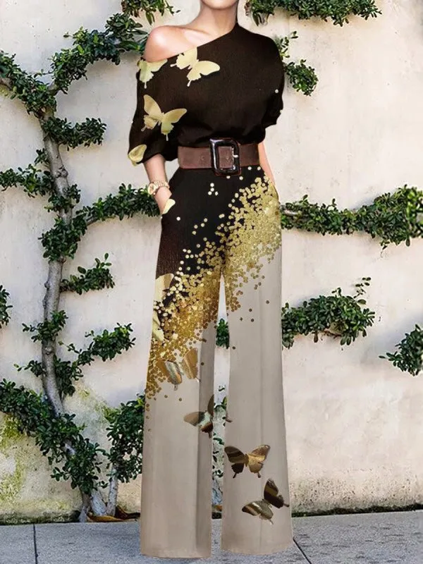 Jumpsuits Printed Sloping Shoulder Wide-Leg Jumpsuit for Women