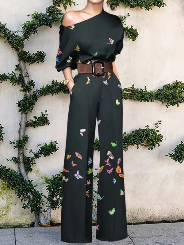 Jumpsuits Printed Sloping Shoulder Wide-Leg Jumpsuit for Women