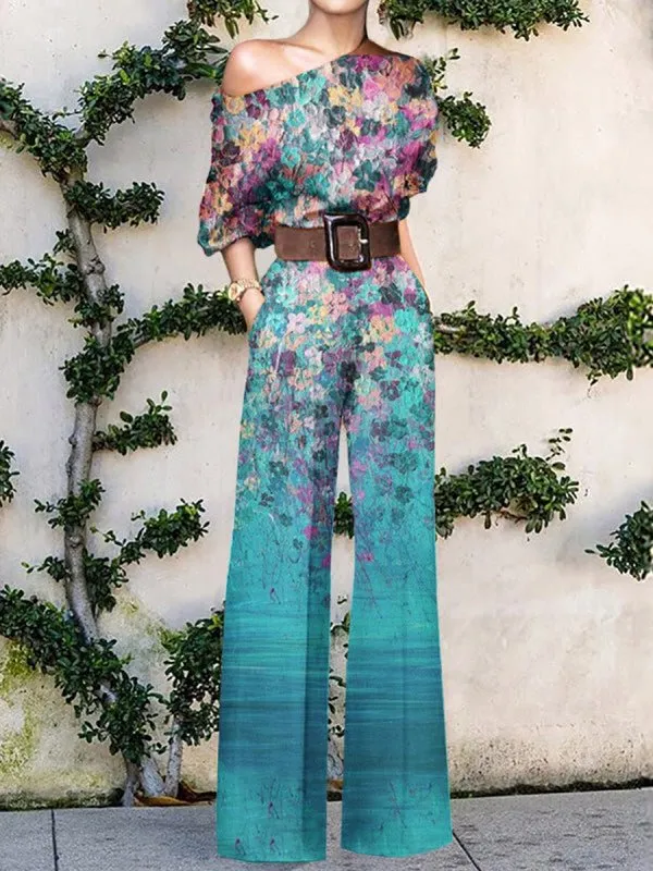 Jumpsuits Printed Sloping Shoulder Wide-Leg Jumpsuit for Women