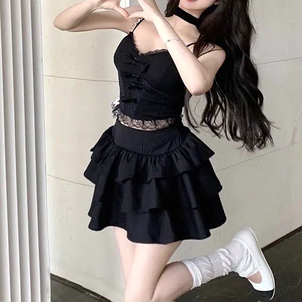 Lace Trim Slim Fit Camisole High Waist Cake Skirt Set