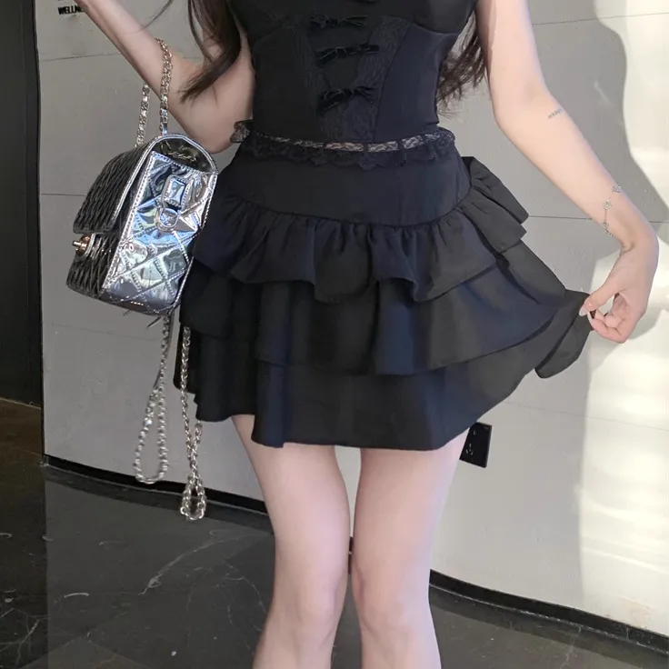 Lace Trim Slim Fit Camisole High Waist Cake Skirt Set