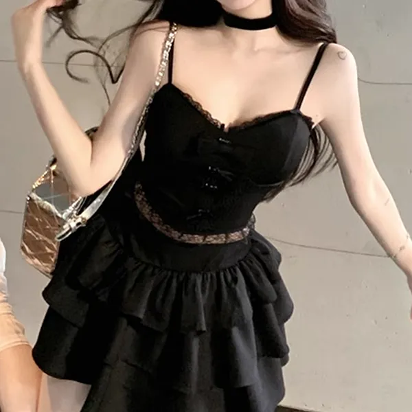 Lace Trim Slim Fit Camisole High Waist Cake Skirt Set