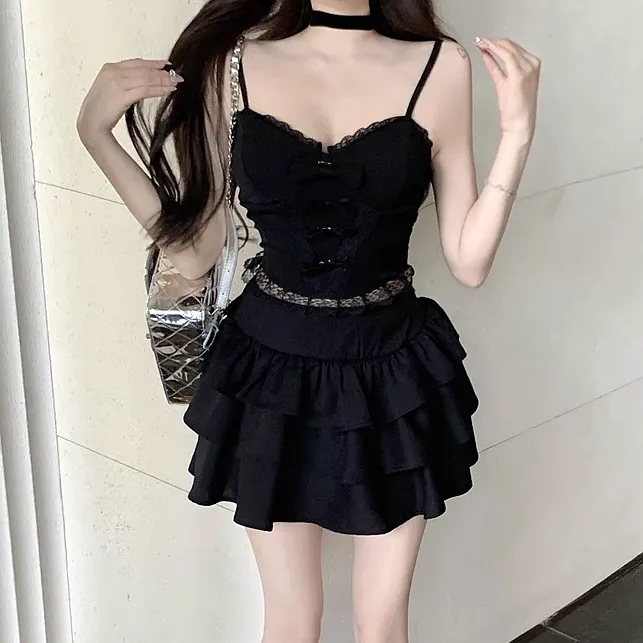 Lace Trim Slim Fit Camisole High Waist Cake Skirt Set