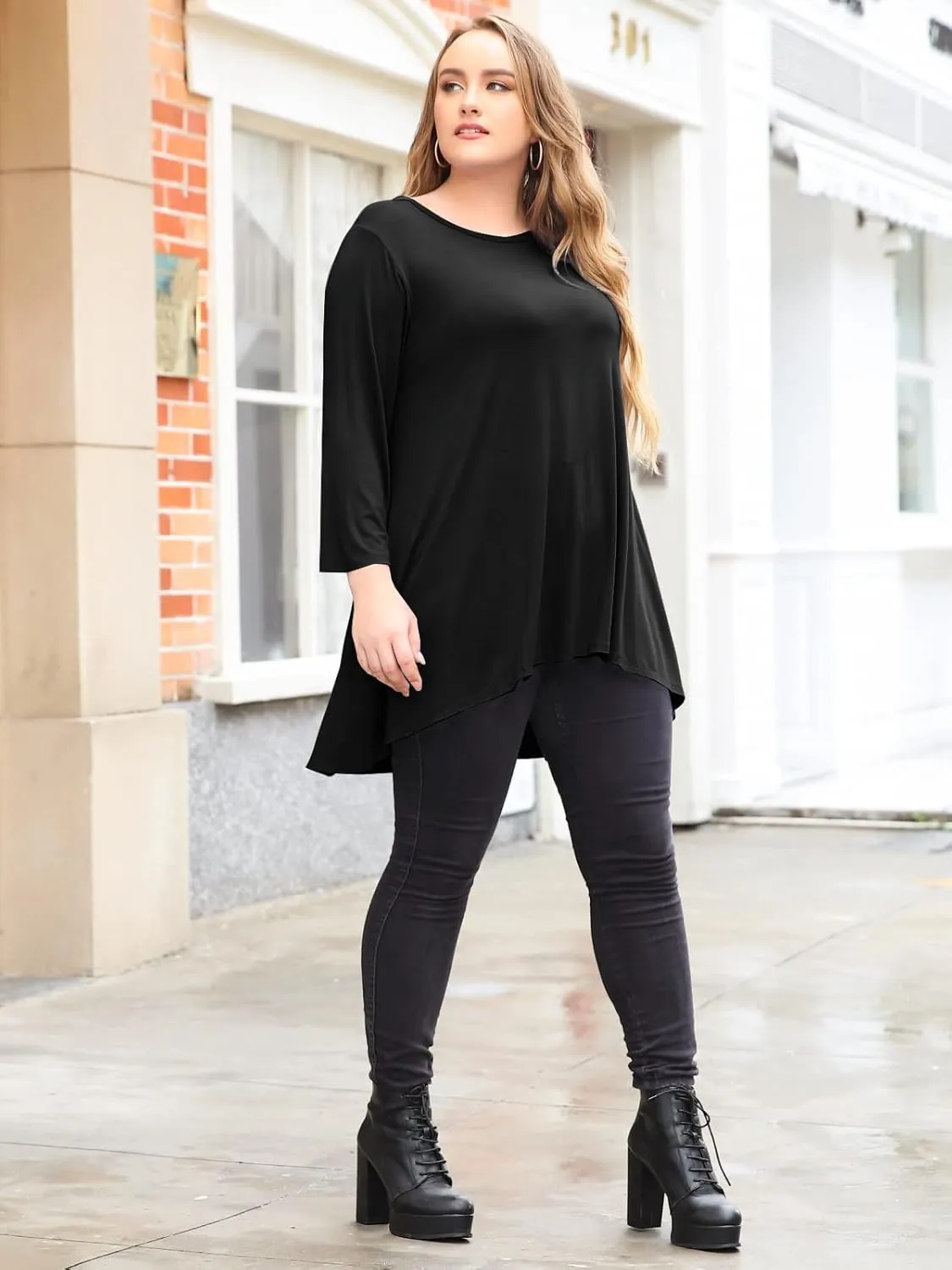 LARACE Womens Plus Size 3/4 Sleeve Loose Fit Flare Swing Tunic Tops Floral High Low Basic T Shirt