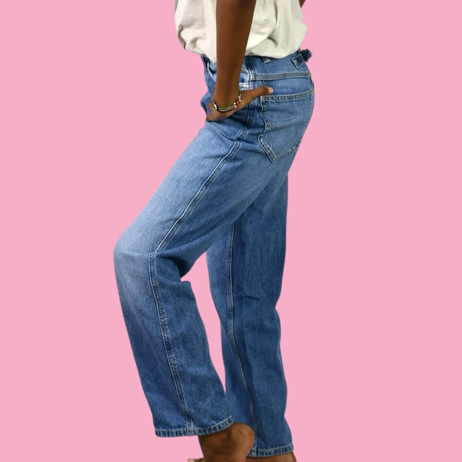 Lee Stovepipe Jeans Blue Modern Vintage Leg High Rise Relaxed Retro Back Buckle Size 25