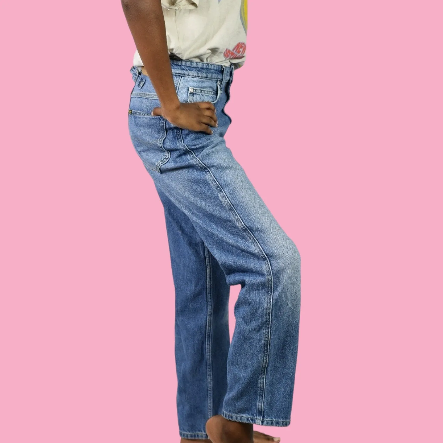 Lee Stovepipe Jeans Blue Modern Vintage Leg High Rise Relaxed Retro Back Buckle Size 25