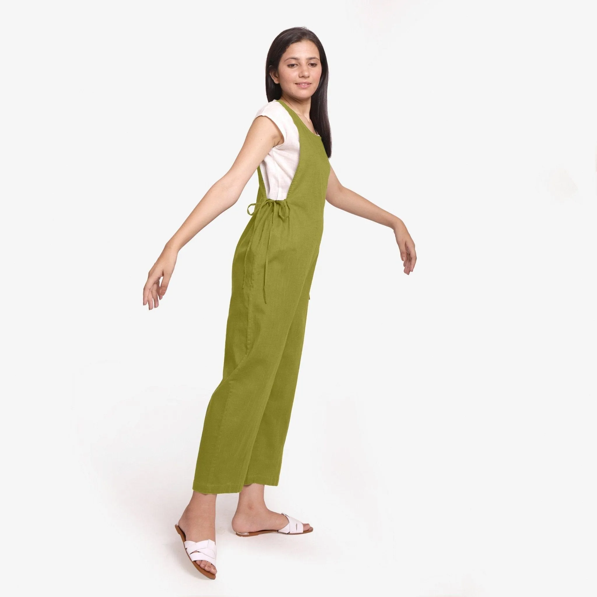 Olive Green 100% Cotton Sleeveless Pinafore Jumpsuit
