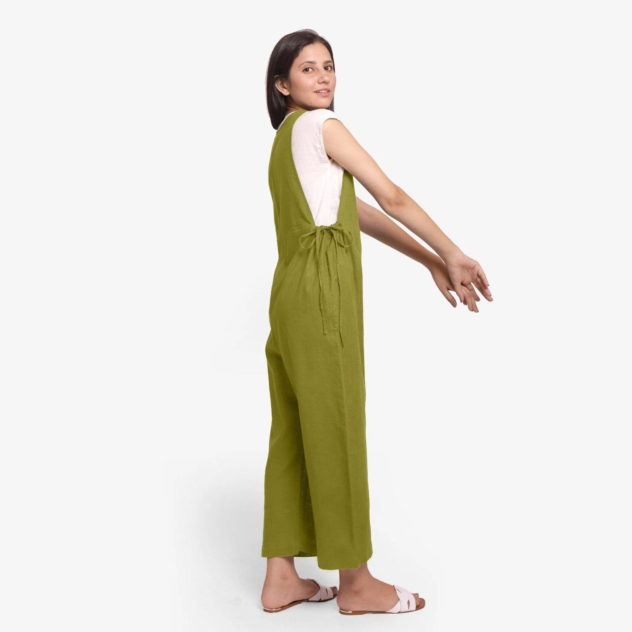 Olive Green 100% Cotton Sleeveless Pinafore Jumpsuit