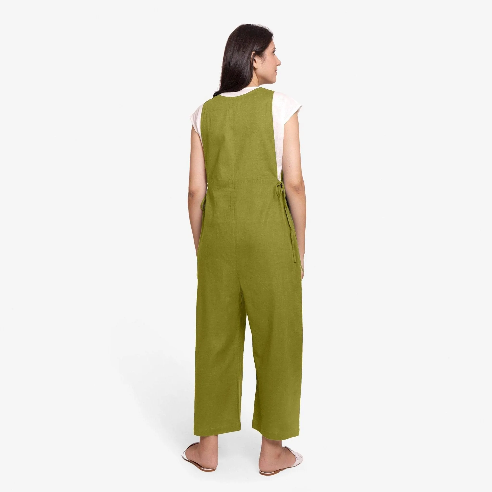 Olive Green 100% Cotton Sleeveless Pinafore Jumpsuit