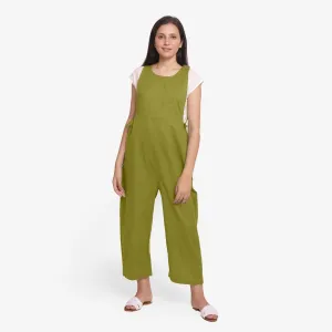 Olive Green 100% Cotton Sleeveless Pinafore Jumpsuit