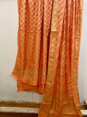 Orange Banarasi cotton silk handloom 3 pcs suit set