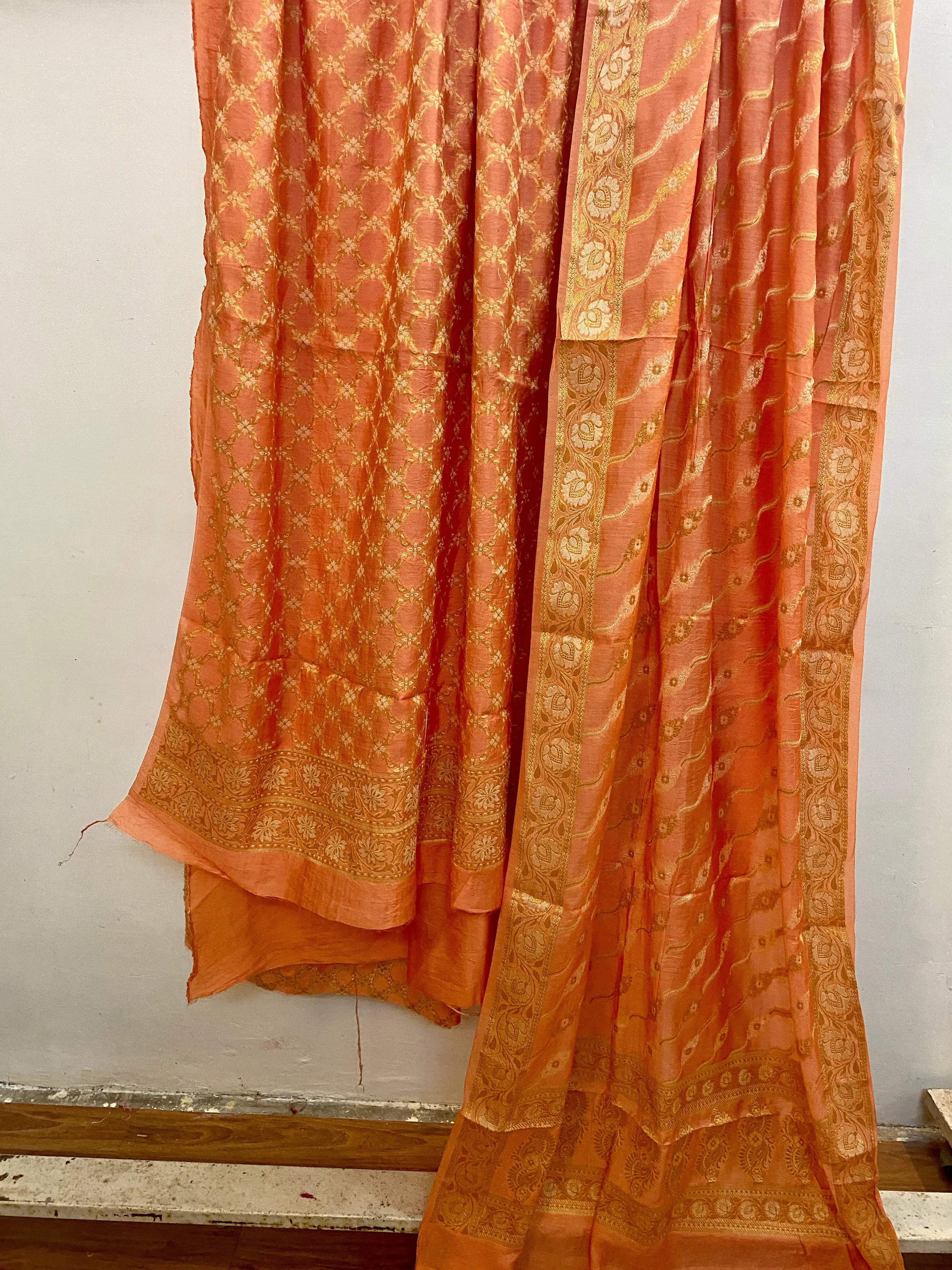 Orange Banarasi cotton silk handloom 3 pcs suit set