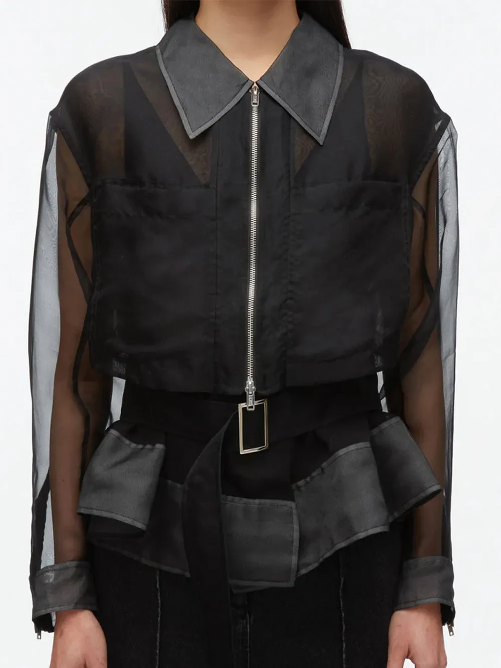 Organza Double Layered Belted Jacket (Black)